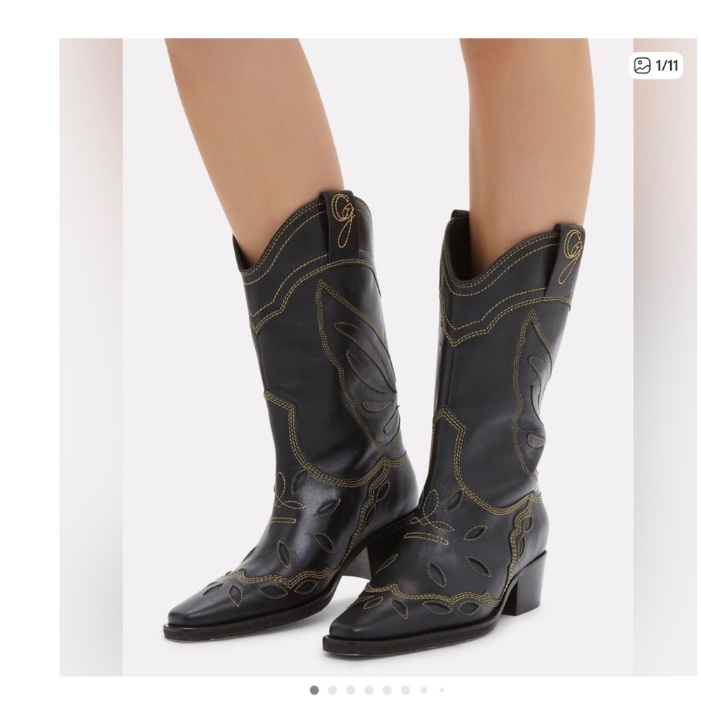 GANNI Mid Shaft Embroidered Western Cowboy Boots High Texas Boot Black Size 40 9 - Picture 5 of 16